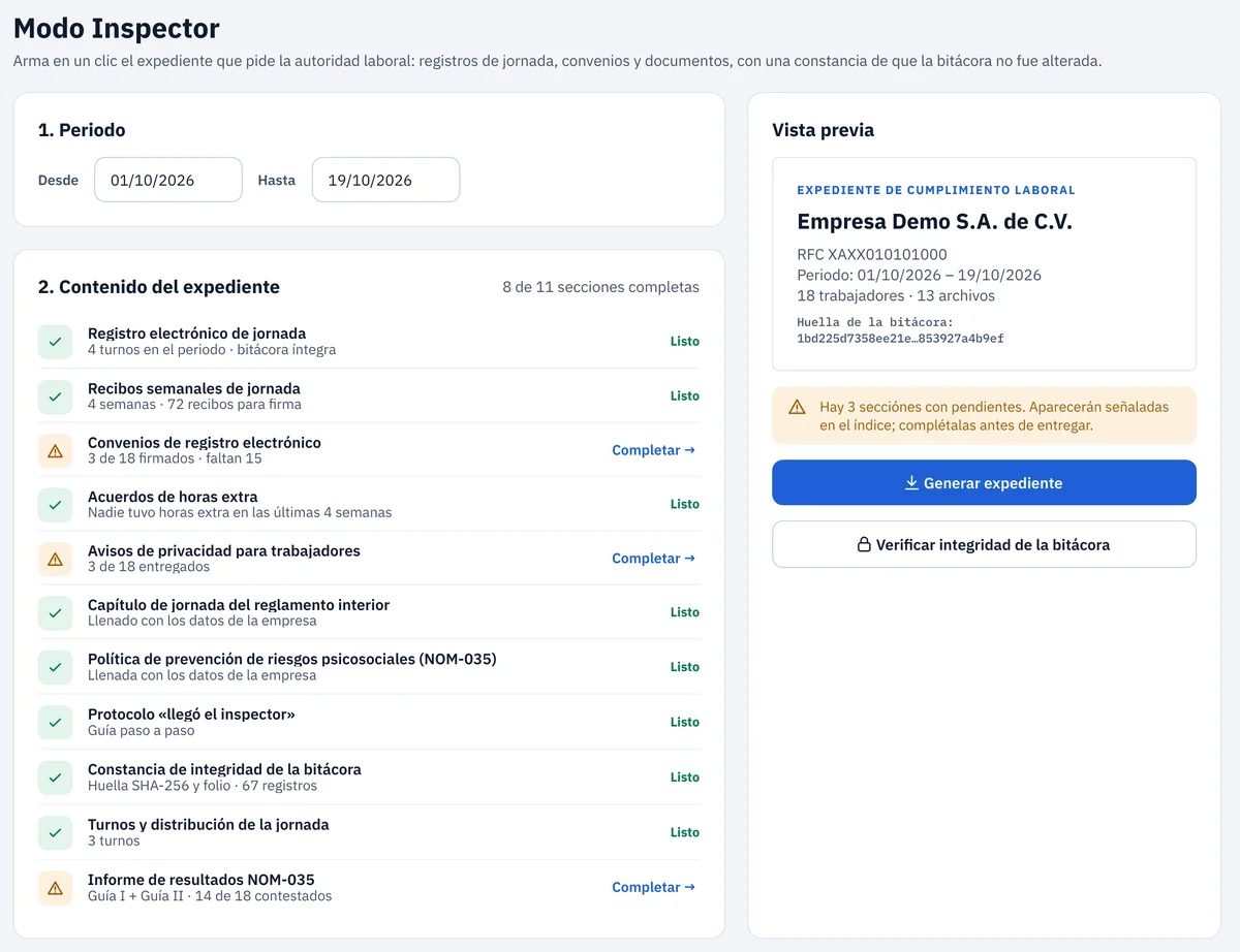 Pantalla del Modo Inspector con el contenido del expediente