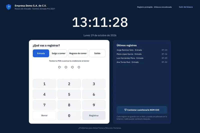 Kiosco de checado a pantalla completa con teclado numérico