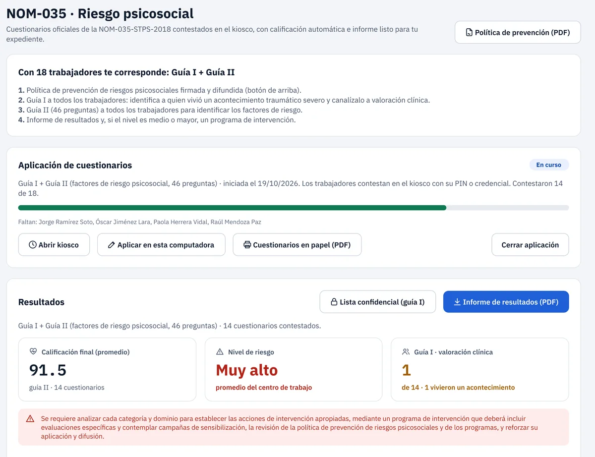 Resultados de la NOM-035 con nivel de riesgo y acciones