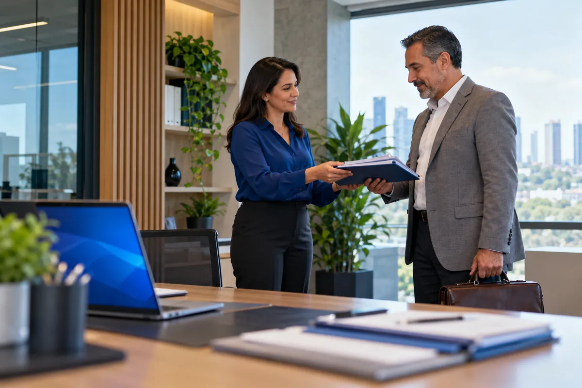 Responsable de Recursos Humanos entregando el expediente laboral a un inspector