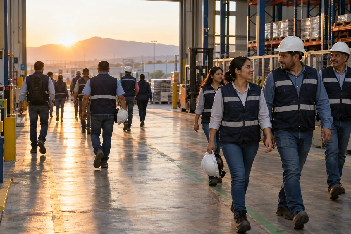 Cambio de turno de trabajadores en una planta al atardecer